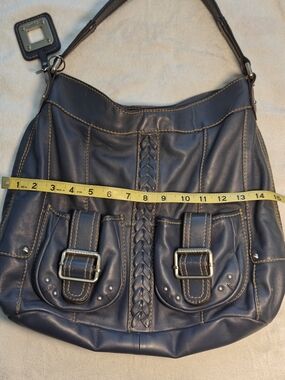 Tignanello Navy Leather Shoulder Bag with Braided Front